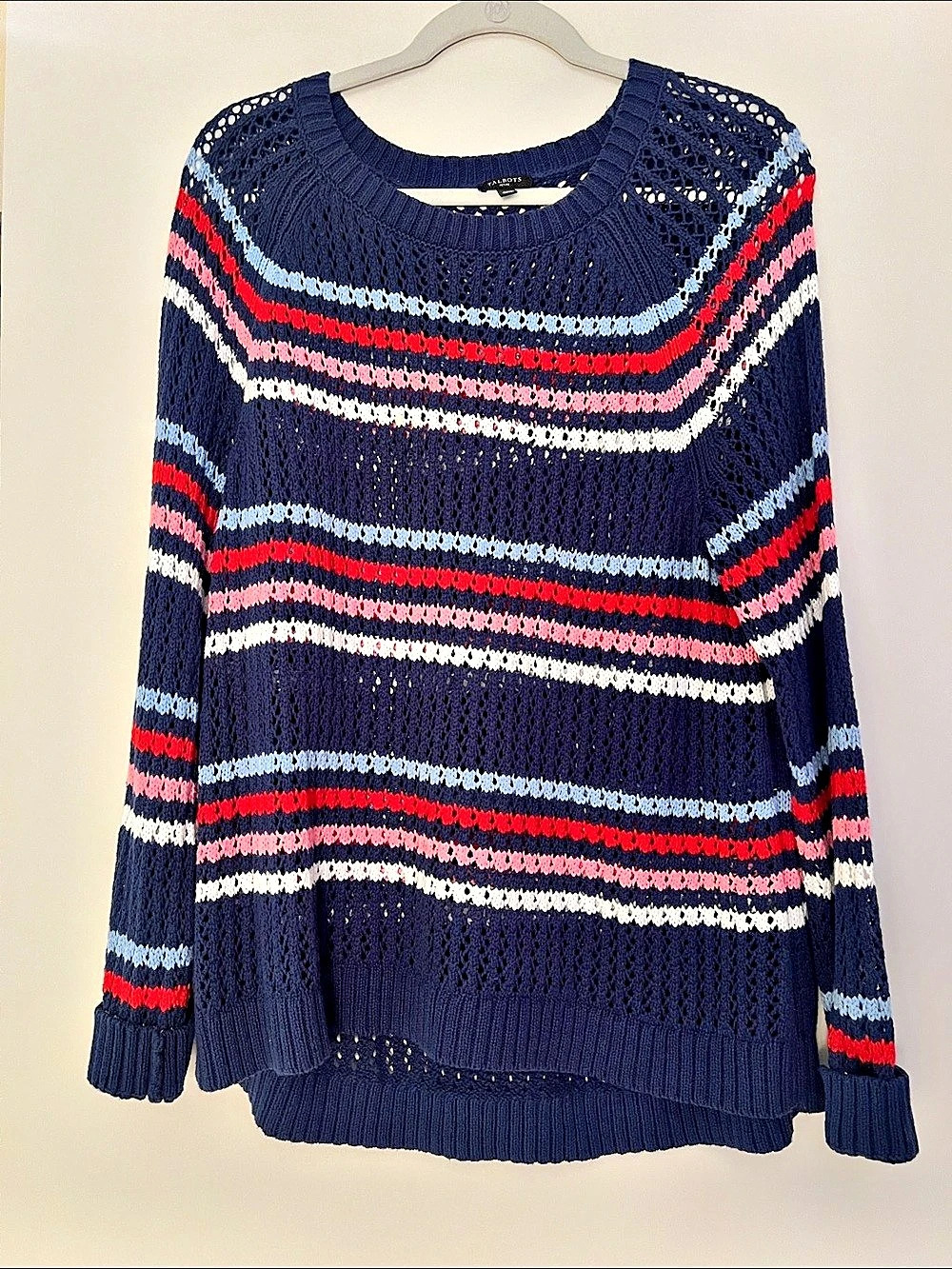 Talbots Striped Cotton Sweater in Blue, Red & Pink XL Petite Like New